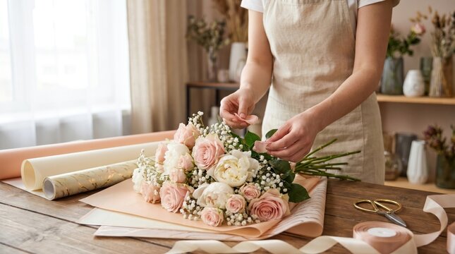 Florist arranging fresh roses bouquet for customer, small business workshop