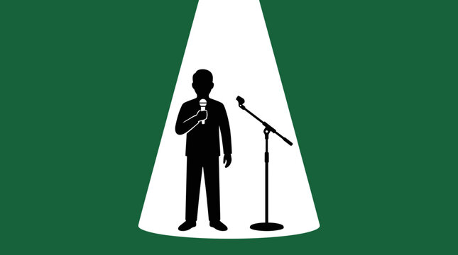 An isometric illustration of a man speaking at a microphone