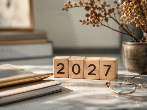 Wooden blocks with 2027 date on desk with diary and pen. Strategic planning for future goals and vision board concept. Professional office workspace for new year business resolution.