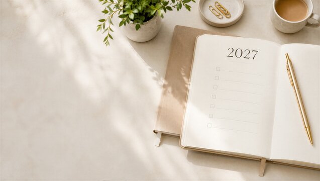 Open notebook with 2027 goal list and golden pen on desk. Strategic planning for future achievement. Minimalist business workspace setup with coffee and plant for yearly resolution.