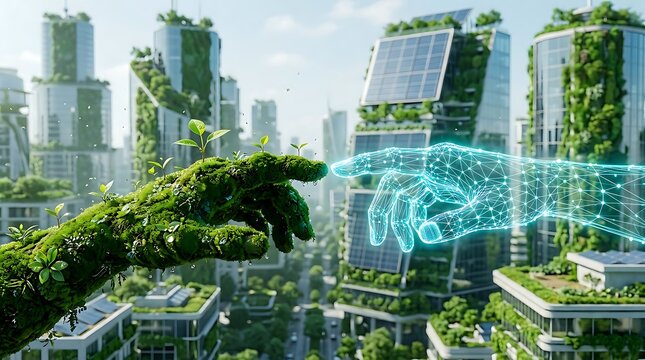 Green futuristic city with buildings covered in vegetation, solar panels, and two hands, one natural and one digital, reaching towards each other.