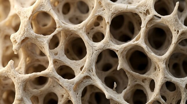 Close-up macro view of trabecular bone structure, showing porous network of spongy bone tissue with irregular holes