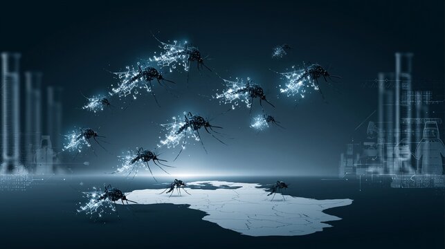 Swarm of mosquitoes rendered as glowing scientific symbols above a clean regional map silhouette, lab tubes and protective research graphics in the background, cautious mood, cool lighting, wide