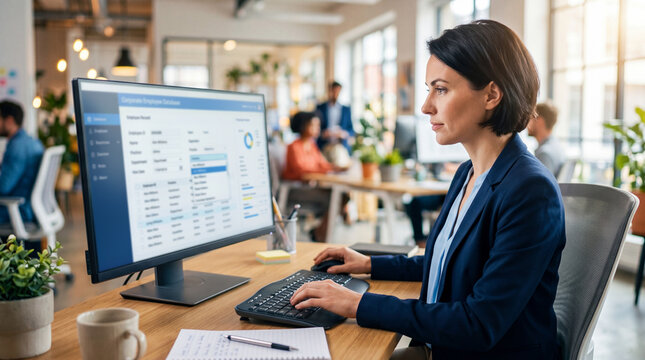 Woman HR officer working on corporate employee database at computer in office. Professional manager managing human resource data for HR Officer Day. Recruitment and administration concept
