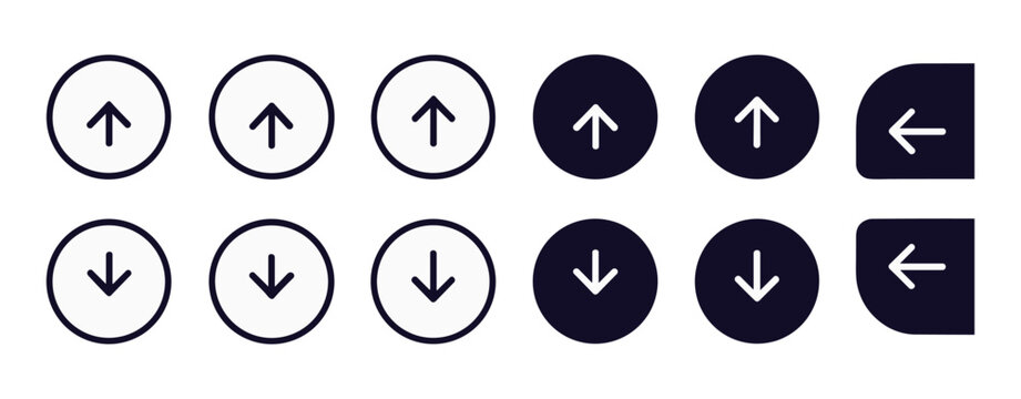 Arrow Icons Set: A collection of circular icons featuring upward and downward arrows, along with two left-pointing arrow buttons, presented in both outline and solid dark designs.