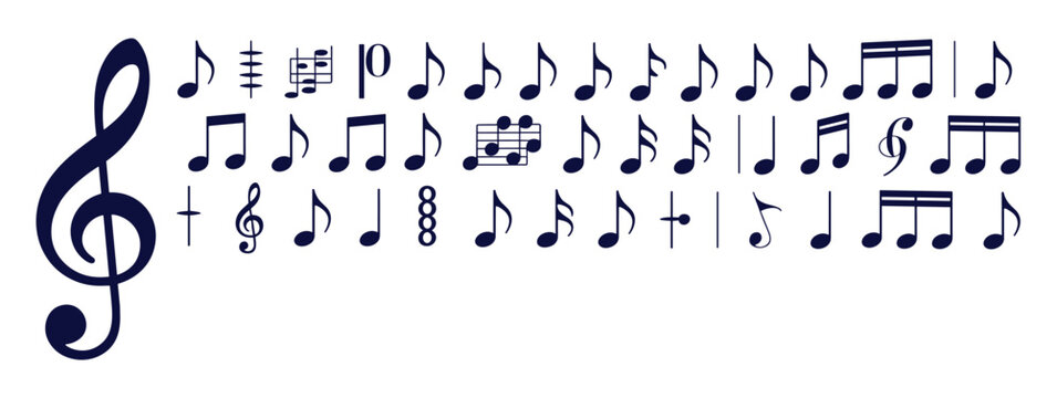Musical Notation Elements: A collection of musical notes, clefs, and rests arranged in a visually appealing composition, perfect for educational or creative projects.