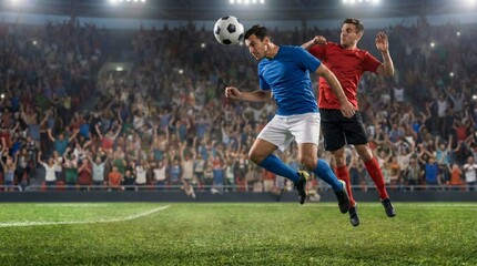 Naklejka premium Two soccer players in a fierce competition, jumping to head the ball during a match in a packed stadium. One player is in a blue uniform, the other in red