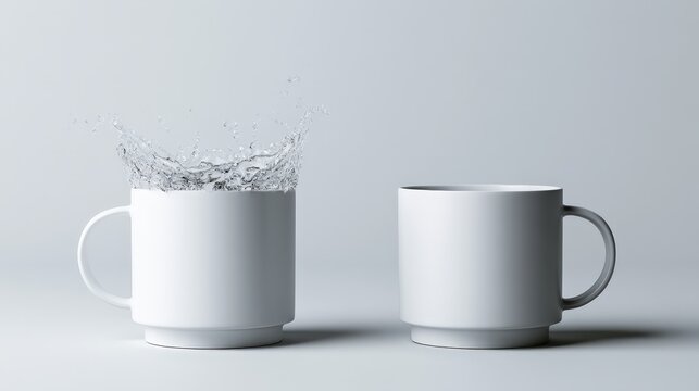 Water splashes from one white mug next to a second empty white mug on a plain background