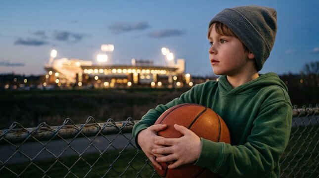 Child holding sports equipment looking at illuminated stadium in distance dream inspiration future athlete ambition night scene concept.