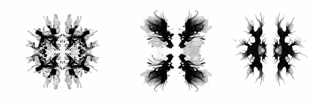 Set of Abstract Black Ink Rorschach Splatter Shapes Isolated on White Background for Artistic Grunge Textures, Creative Graphic Design Elements, Psychological Concept Art, and Symmetric Ink Blot Patte