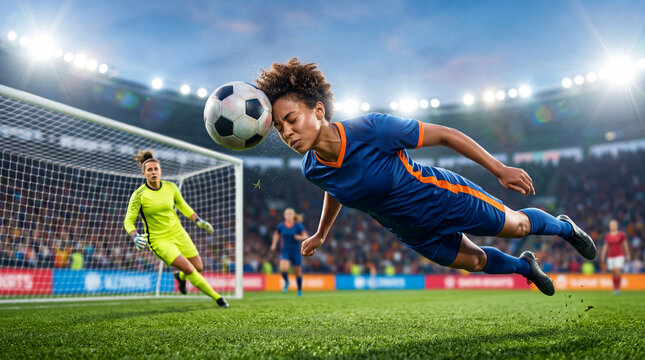 African american woman soccer player heading football ball into goal during match at stadium. Competitive female athlete playing sport game. Dynamic action shot of professional sports