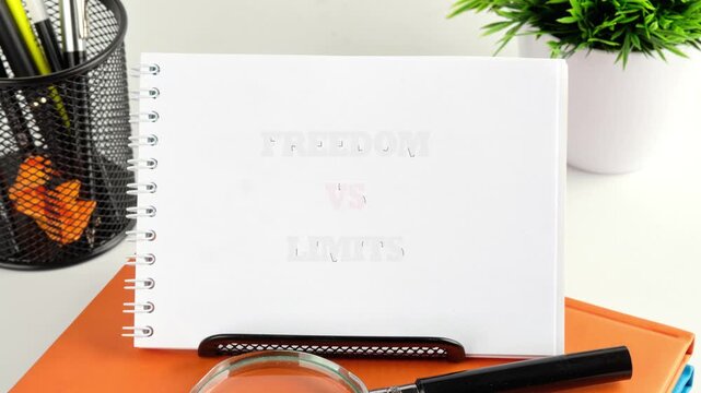 A person writes phrases like freedom and limits in a notebook on a desk. The focus changes from the writing to the overall setup on the table with stationery