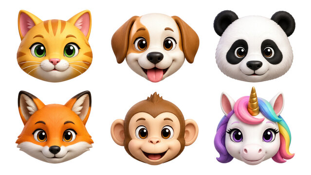 Colorful set of six cute animal emoji faces: cat, dog, panda, fox, monkey and unicorn