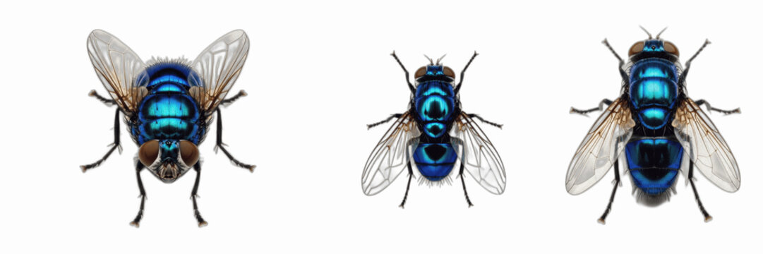 Blue Bottle Fly Insects Set PNG: Realistic Metallic Blue and Green Blowflies Isolated on Transparent Background, Housefly Clipart for Pest Control Branding, Biology Education Graphics, and Halloween D