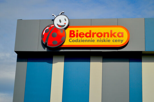 Outdoor exterior view of a modern Biedronka supermarket storefront sign with its ladybug mascot and Polish slogan against a blue sky.