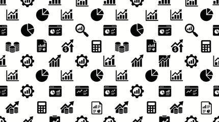 Fototapeta premium Abstract seamless pattern of business and finance icons in monochrome design.