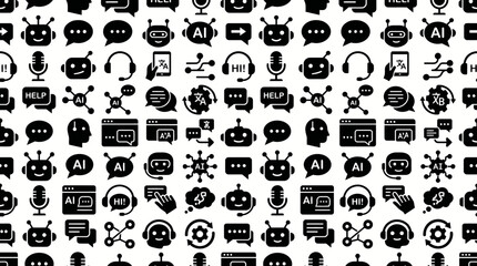 Fototapeta premium Assorted futuristic AI and robotics icons pattern for graphic design, black and white grid.