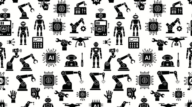 Pattern of black robot icons and machinery illustrations on white background.