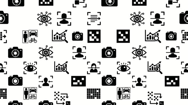 Seamless black and white icon pattern featuring tech symbols.