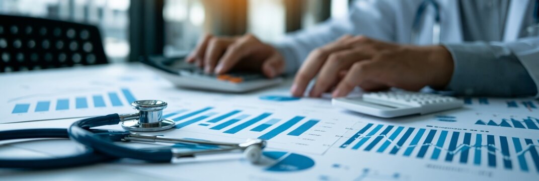 Healthcare professional reviewing charts that show rising costs, risk bars, and chronic condition trends beside a stethoscope and calculator. Serious mood, cool office lighting, desk-level composition