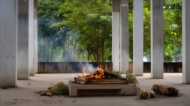 Respectful Hindu cremation final rites in a simple outdoor cremation courtyard, traditional wooden pyre burning softly on a raised platform between white concrete pillars, small or