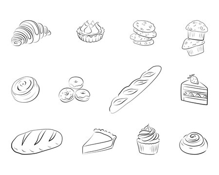 Bakery line art vector illustration set. Hand drawn outline elements of bread, pastry, croissant, cake slice and sweets isolated on transparent background. Icons collection for cafe menu design.