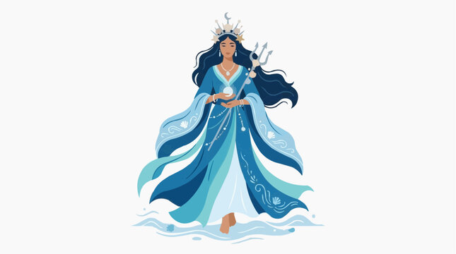 Iemanj&aacute; Queen of Sea Blue Robes Crown, Afro-Brazilian Orix&aacute; Candombl&eacute; Flat Illustration Vector