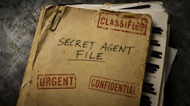 Redacted Secret Agent File Documents Resting On Metal Surface