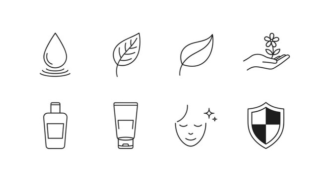 Set of icons for natural cosmetics and skincare with water drop leaf hand flower cream bottle face shield