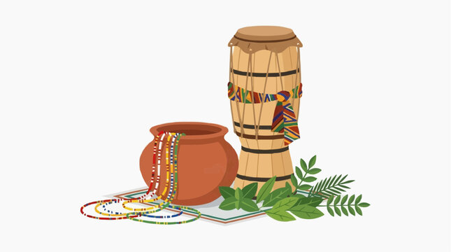 Candombl&eacute; Ritual Objects Atabaque Drum Beaded Necklaces Clay Pot Sacred Herbs, Afro-Brazilian Flat Illustration Vector