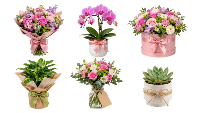 Six elegant pink and green floral arrangements including bouquets, orchid and succulent plants presented in vases, hatbox and wrapped pots for gifts and home decor