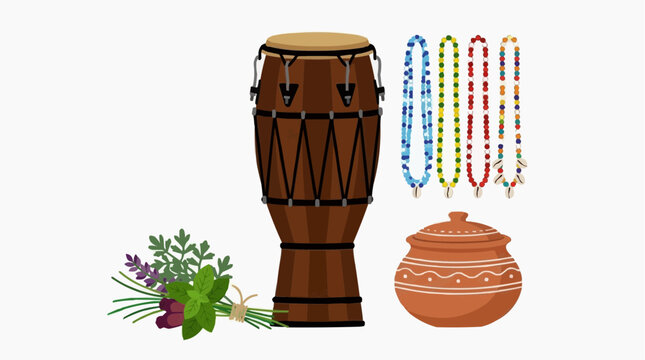 Candombl&eacute; Ritual Objects Atabaque Drum Beaded Necklaces Clay Pot Sacred Herbs, Afro-Brazilian Flat Illustration Vector