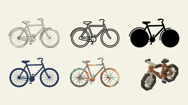 A collection of stylized bicycle illustrations in various artistic styles perfect for design and decor projects