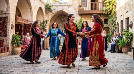 Fototapeta premium Jordanian women in traditional thobe dresses dancing dabke in an old stone courtyard. Celebration of Independence Day in Jordan. Cultural heritage, national unity and festive tradition