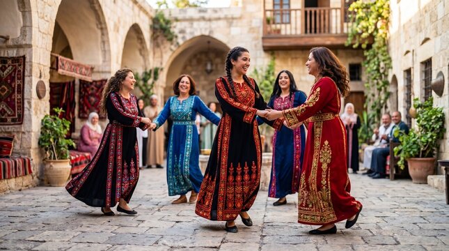 Jordanian women in traditional thobe dresses dancing dabke in an old stone courtyard. Celebration of Independence Day in Jordan. Cultural heritage, national unity and festive tradition