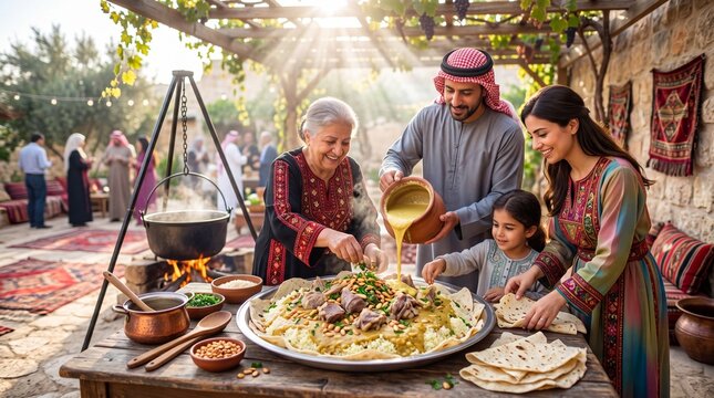 Jordanian family preparing mansaf meal for Independence Day celebration. Multi-generational people cooking traditional food outdoor. Festive gathering for cultural holiday party