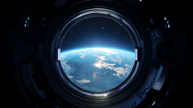 Earth viewed through circular spacecraft window, realistic space station interior with glowing planet horizon, dark cockpit frame, cinematic orbital light, sharp details, space exp