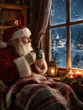 Weihnachtsmann genie&szlig;t hei&szlig;en Tee am Fenster und blickt auf verschneites Dorf
