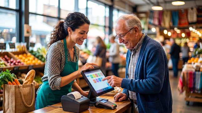 Woman shop assistant helping senior man customer with touchscreen payment at grocery store checkout. Retail business service and POS system technology for entrepreneurship development