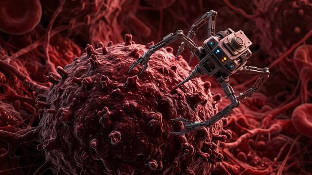 Nanorobot operating on a cell in human blood. Automated surgical procedure with microscopic machine. Advanced biotechnology for targeted disease cancer therapy.