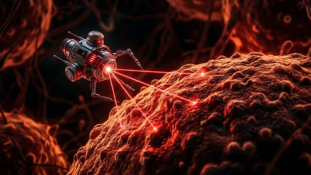 Nanobot emitting laser beam to treat diseased cell. Microscopic medical robot attacking cancer tumor. Advanced biotechnology for targeted therapy and future medicine.