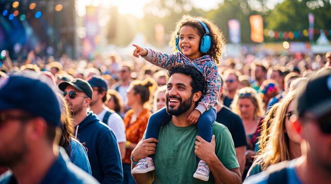 Father carrying daughter on shoulder at outdoor music festival. Child wearing protective earmuff for hearing safety. Happy family enjoying live concert performance in summer crowd