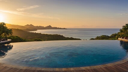 Obraz premium Breathtaking Sunset View Over a Luxury Infinity Pool Facing a Tropical Ocean and Mountain Horizon