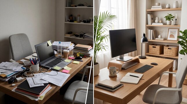 Before and After Cleaning Concept with Messy Desk vs Organized Minimalist Workspace