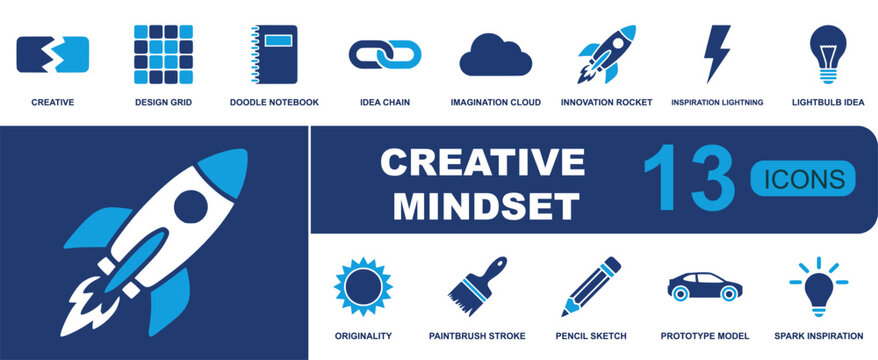 Creative mindset icon set. Containing design grid, notebook, idea chain, cloud concept, rocket, lightning bolt, lightbulb, pencil sketch, prototype and more. Solid fill vector icons.