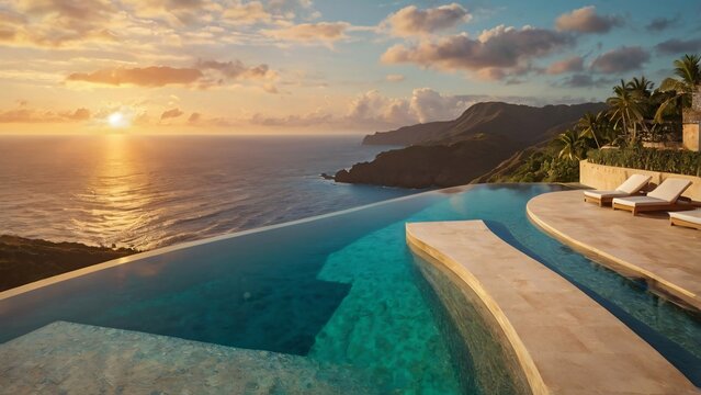 Luxury infinity pool overlooking the ocean at sunset with stunning coastal views