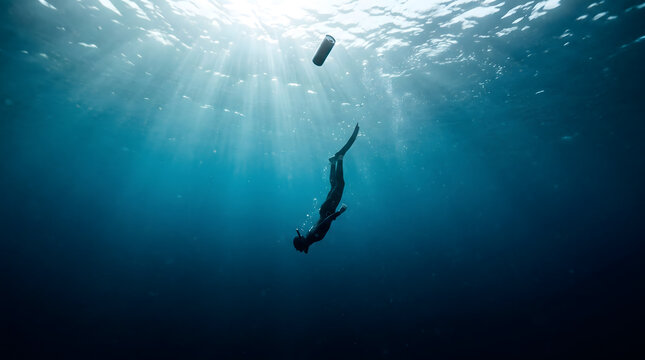 Person diving deep into ocean with floating black can and bright light ray above