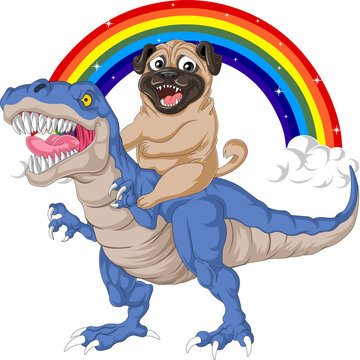 Funny Pug Riding Dinosaur with Rainbow Vector Illustration, Whimsical Fantasy Pet Design for Merchandise