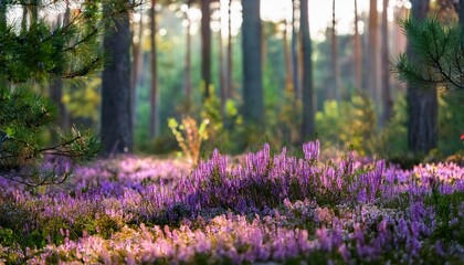 Obraz premium Dense Purple Heather Blooms In A Forest Glade Forest Botanical Heather Flowers