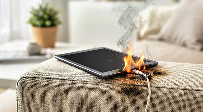 Tablet computer catching fire while charging on a sofa. Electronic device battery overheating hazard with flames and smoke. Charred fabric on couch armrest